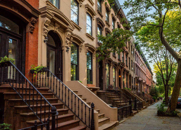 Scenic view of a classic Brooklyn brownstone block with a long facade and ornate stoop balustrades on a summer day in Clinton Hills, Brooklyn Scenic view of a classic Brooklyn brownstone block with a long facade and ornate stoop balustrades on a summer day in Clinton Hills, Brooklyn brownstone stock pictures, royalty-free photos & images