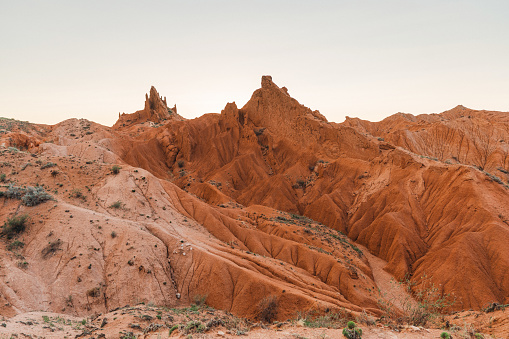 Scenic view of deserted canyon in Kyrgyzstan at sunset