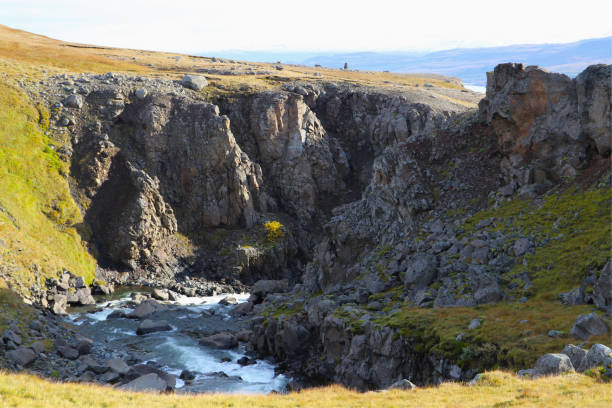 Scenic view of Hengifossargljufur gorge in Fljotsdalur valley in East Iceland. stock photo