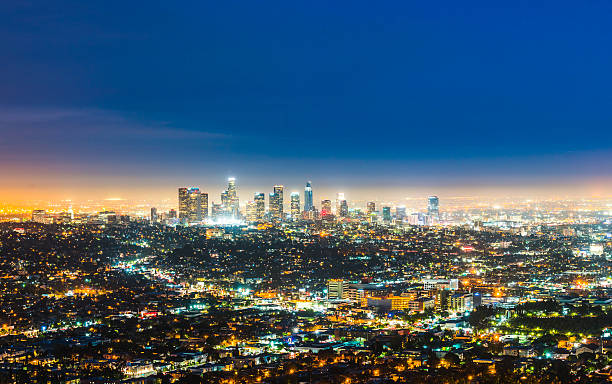 scenic view of Los Angeles skyscrapers at night,California,usa. stock photo