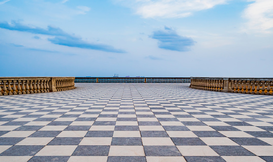 Scenic view of Terrazza Mascagni, stunning belvedere terrace with a paved checkerboard surface, Livorno, Tuscany, Italy