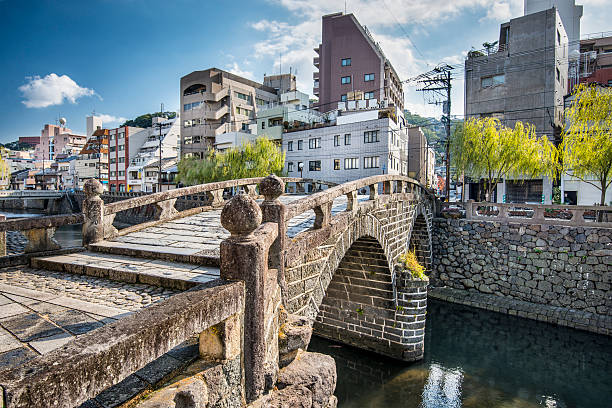 Scenic view of the city and a bridge in Nagasaki Nagasaki, Japan at Spectacles Bridge. nagasaki prefecture stock pictures, royalty-free photos & images