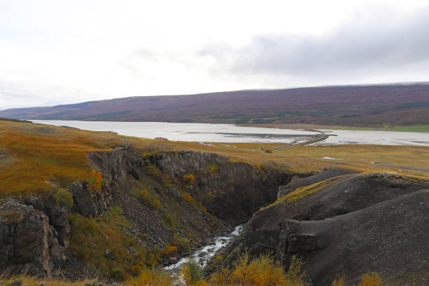Scenic view of the Hengifossargljufur gorge and the Fljotsdalur valley in East Iceland. stock photo