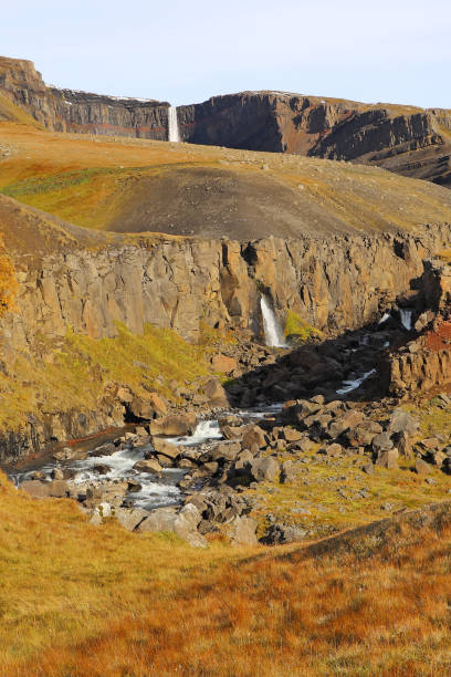 Scenic view of the Hengifossargljufur gorge and the Fljotsdalur valley in East Iceland. stock photo