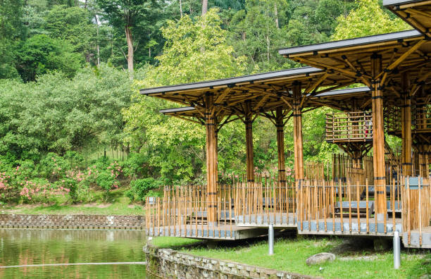 Scenic view of the Kuala Lumpur Perdana Botanical Gardens, featuring the view of the Bamboo Playhouse. Kuala Lumpur,Malaysia – August 31,2018 : Scenic view of the Kuala Lumpur Perdana Botanical Gardens, featuring the view of the Bamboo Playhouse. perdana botanical garden stock pictures, royalty-free photos & images