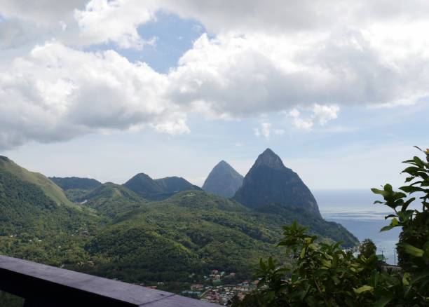 Scenic view of the  Piton Mountains, the most distinguishable natural landmark in St. Lucia. stock photo