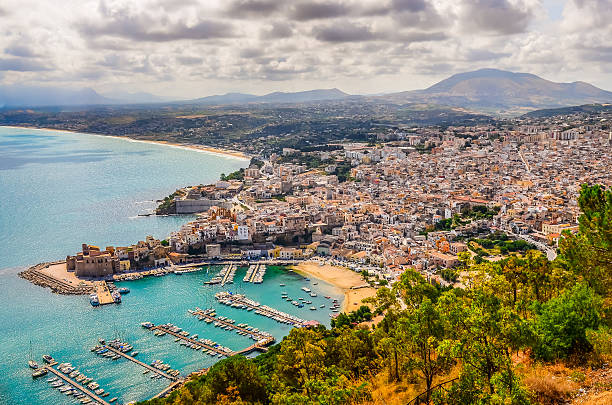 Scenic view of Trapani town and harbor in Sicily stock photo