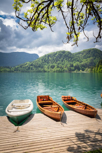 scenic view on beautiful wooden flat rowing boats on lake bled, slovenia, go green concept stock photo