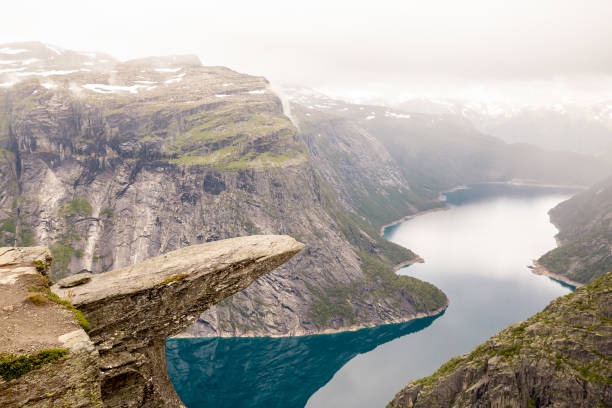 Scenic view over fjord Ringedalsvannet on top of mountain Trolltunga in Norway stock photo