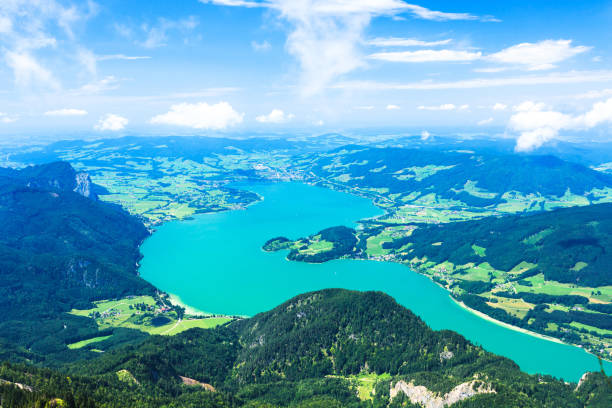 Schafberg with Lake Mondsee, Aerial Panorama, Austrian Alps Schafberg with Lake Mondsee, Aerial Panorama, Austrian Alps fuschl lake stock pictures, royalty-free photos & images