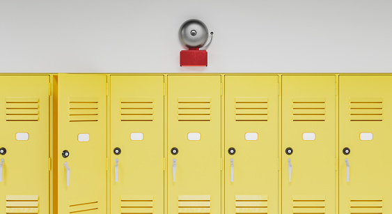 school bell above a row of yellow lockers. concept of education and back to school. 3d render