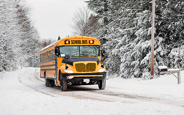 School Bus Driving Down A Snow Covered Road A school bus drives down a snow covered rural country road lined with snow covered trees after a snow storm during the winter season.  Series 3 of 3 school bus driver stock pictures, royalty-free photos & images