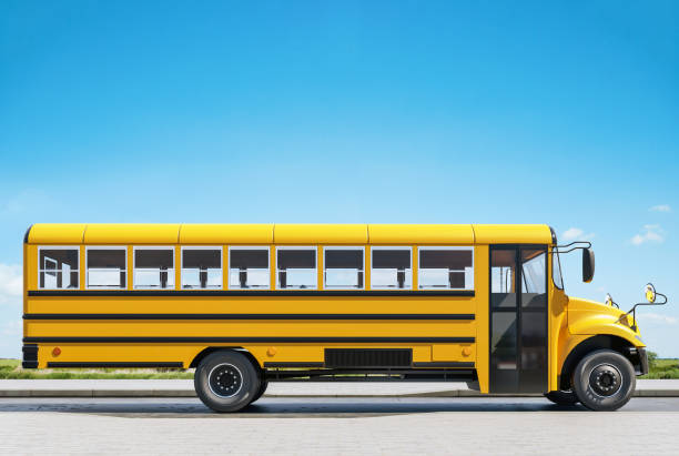 School bus parked on the road, concept of going back to school, beautiful sunny day, 3d rendering School bus parked on the road, concept of going back to school, beautiful sunny day, 3d rendering school buses stock pictures, royalty-free photos & images