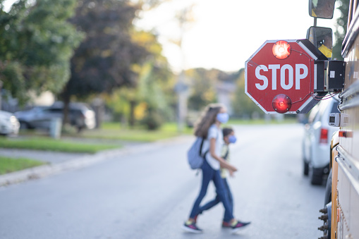 A STOP sign is out by the school bus and children can be seeing crossing the road in front of the school bus.