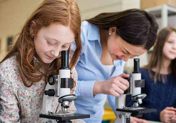 School children using microscope stock photo