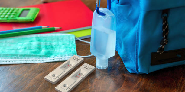 School Covid 19 protection. Rapid test, hand sanitizer and student backpack on wooden desk background. 3d illustration stock photo