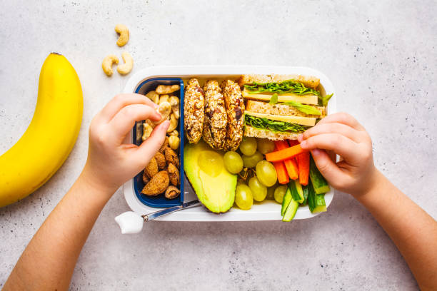 School healthy lunch box with sandwich, cookies, fruits and avocado on white background. stock photo