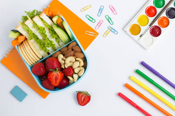School lunch in the blue box and school stationery on the white background. Top view. Copy space. stock photo