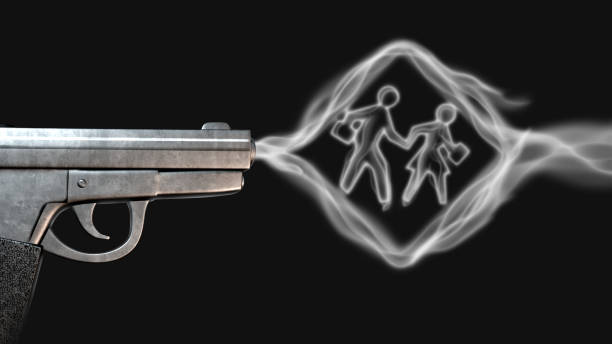 School Shooting Violence School shooting and student gun violence concept as a shooting tragedy and horrific gunfire towards a student sign with a smoking gun as a tragic violent event with 3D illustration elements. gun violence stock pictures, royalty-free photos & images