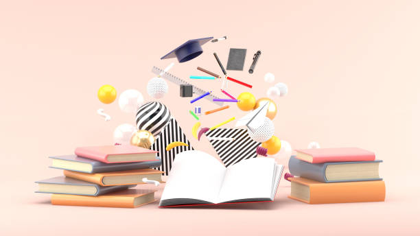 school supplies floating out of a book amidst colorful balls on a soft pink background.-3d render."n - school material imagens e fotografias de stock
