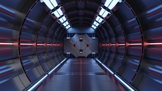 Science background fiction interior rendering sci-fi spaceship corridors red light,3D rendering