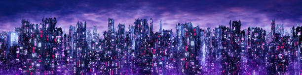 Science fiction neon city night panorama 3D illustration of dark futuristic sci-fi city lit with blight neon lights cyberpunk stock pictures, royalty-free photos & images