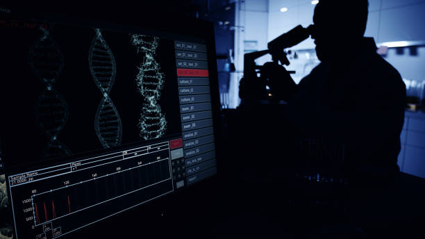 wissenschaftler silhouette in der laborforschung. dna auf dem computerbildschirm - coronavirus mutation stock-fotos und bilder
