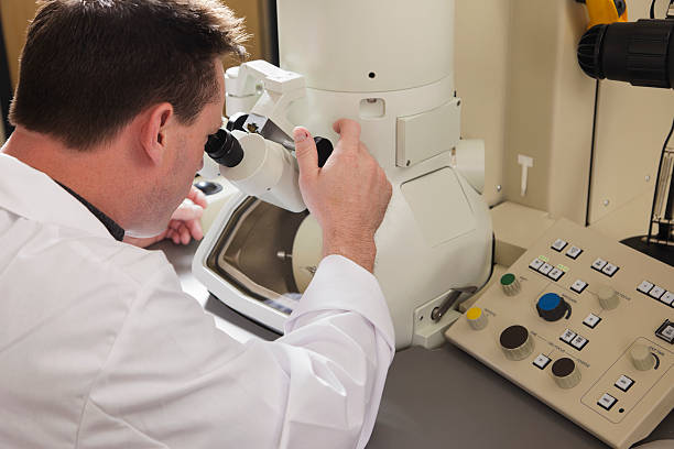 Scientist using an Electron Microscope A technician looking into an Electron Microscope in a medical laboratory. electron microscope stock pictures, royalty-free photos & images