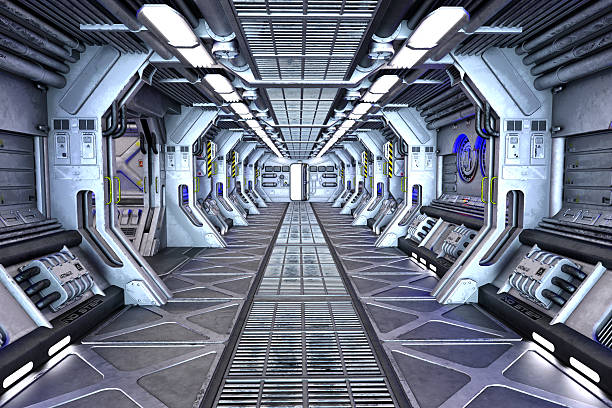sci-fi korridor innenarchitektur - eingangshalle wohngebäude innenansicht stock-fotos und bilder