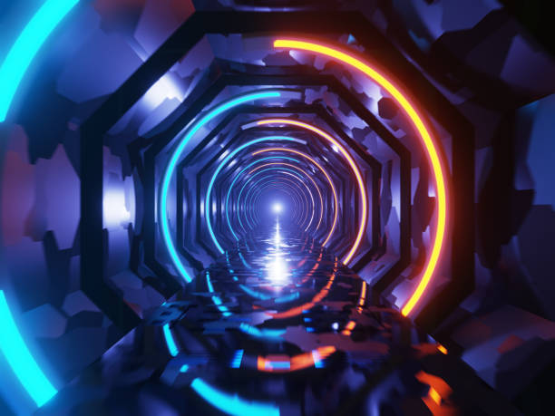 Sci-Fi Corridor tunnel neon lights stock photo
