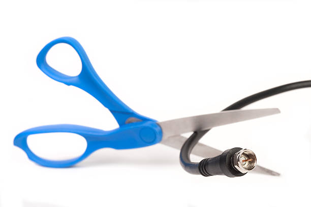 Scissors cutting through a coaxial cable on white stock photo