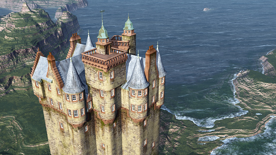 Computer generated 3D illustration with a Scottish castle by the sea