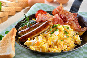 Scrambled eggs with fried bacon and sausages served in a pan with toast