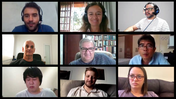 Screen of a video conference with nine people. Image for paste to your screen. Screen of a video conference with nine people. Image for paste to your screen. conference call stock pictures, royalty-free photos & images