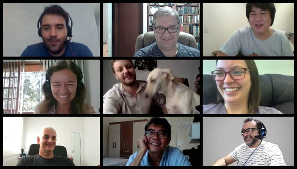 Screen of a video conference with nine people. Image for paste to your screen. stock photo