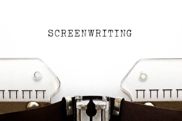 Screenwriting Vintage Typewriter Concept The word Screenwriting typed on retro typewriter with copy space. film script stock pictures, royalty-free photos & images