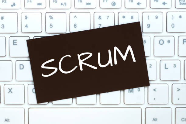 scrum, agile development methodology concept, teammate work place with keyboard stock photo
