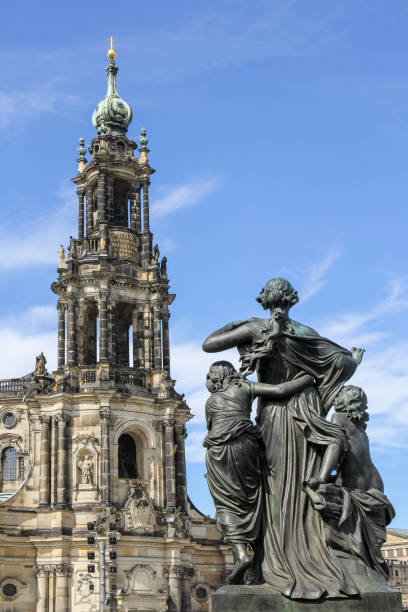 Sculpture on the Bruhl Terrace, and Hofkirche or Cathedral of Holy Trinit, Dresden, Germany Dresden, Germany - August 21, 2016: Sculpture on the Bruhl Terrace, and Hofkirche or Cathedral of Holy Trinity - baroque church, Dresden, Germany bruehl stock pictures, royalty-free photos & images