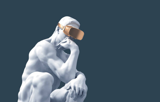 Sculpture Thinker With Golden VR Glasses On Blue Background Sculpture Thinker With Golden VR Glasses On Blue Background. 3D Illustration. virtual reality point of view stock pictures, royalty-free photos & images