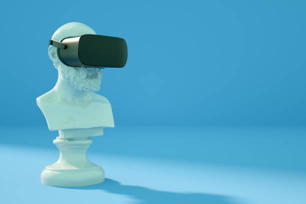 Sculpture With VR Glasses Headset on Blue Background 3d rendering of with virtual reality glasses, headset on pink background. Surreal futuristic concept. virtual reality point of view stock pictures, royalty-free photos & images
