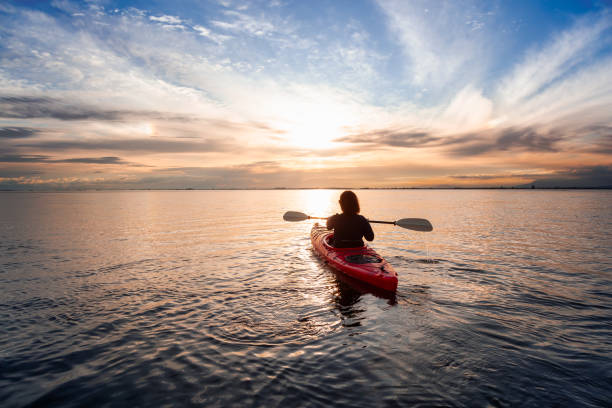 havskajakpaddling i lugnt vatten under en färgstark och livlig solnedgång. - woman kayaking bildbanksfoton och bilder