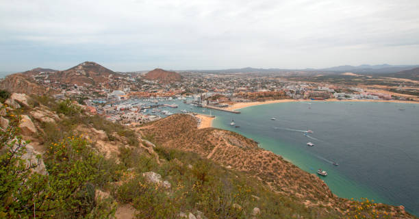 Sea of Cortes and Cabo San Lucas marina as seen from the top of the Mount Solmar hiking trail in Baja California Mexico BCS stock photo