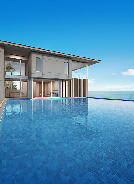 sea view house with pool in modern design stock photo