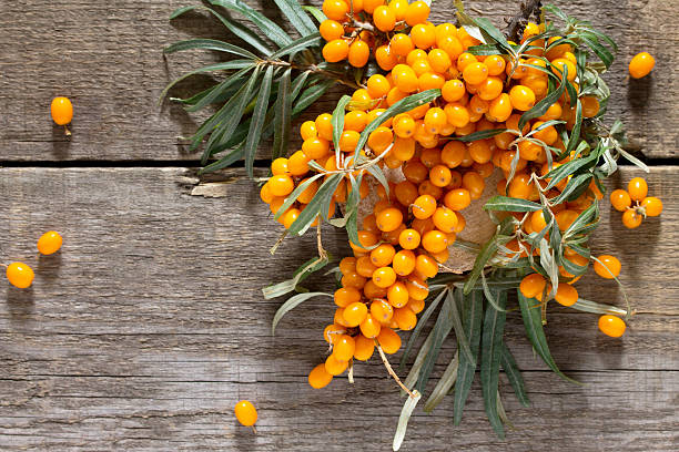 Seabuckthorn berries branch on vintage wooden background. Top vi stock photo