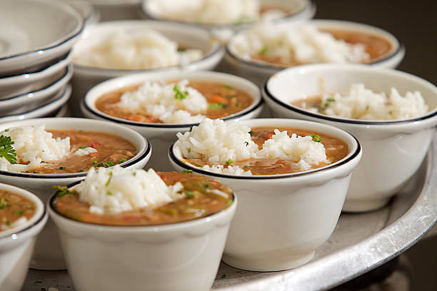 Seafood Gumbo Cups of Seafood gumbo with rice. gumbo stock pictures, royalty-free photos & images