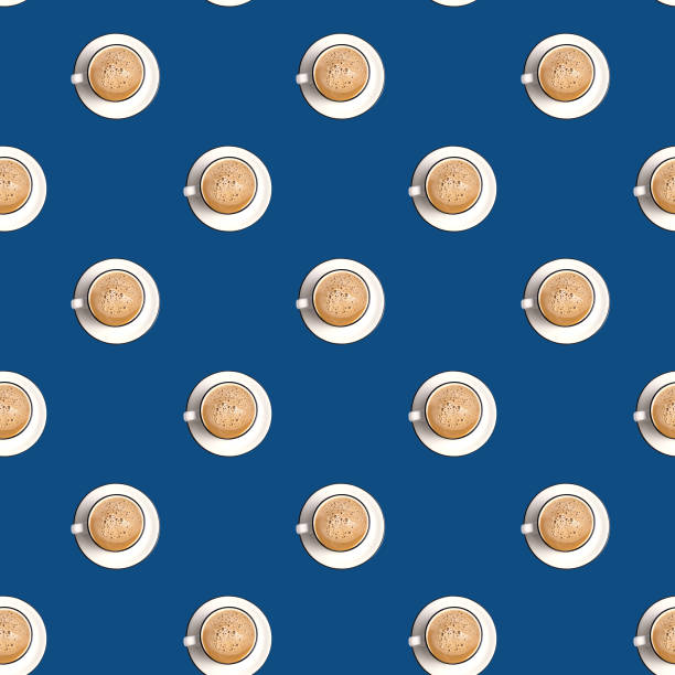 Seamless Pattern made with latte coffee cup over trendy classic blue color background. stock photo