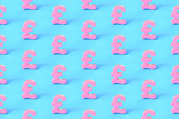 Seamless repetitive British Pound Sign pattern on blue background stock photo