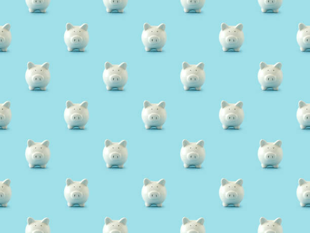 Seamless repetitive Piggy Bank on blue background stock photo