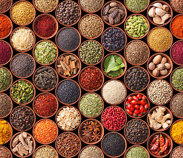 seamless texture with spices and herbs - krydda bildbanksfoton och bilder