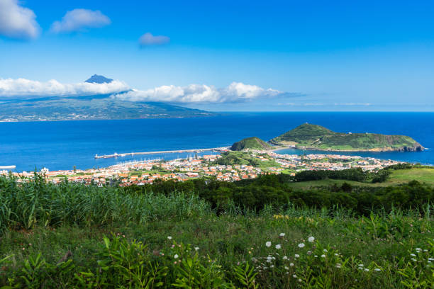Seascape with Horta bay and Mount Pico, Faial Island, Azores stock photo